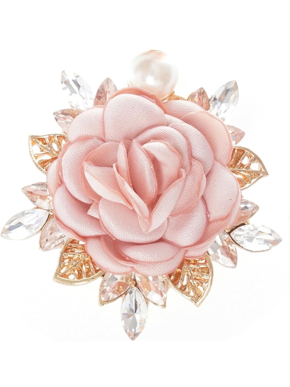 Anthropologie Blush Pink Rose Brooch with Gold Leaves and Crystal Accents